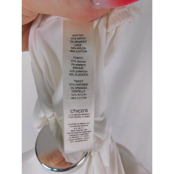 Chico's Shirt Womens 1 Medium White Lace Front Boho Tunic 3/4 Bell Sleeve Knit - Picture 11 of 12